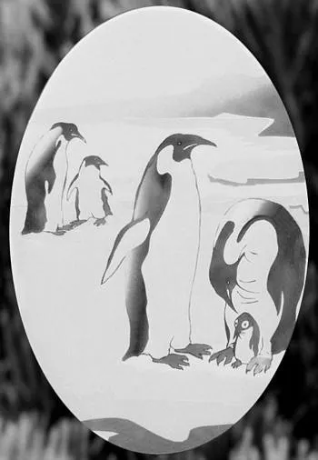 4" x 6" Oval Penguin Etched Glass Decal | (Static Cling)