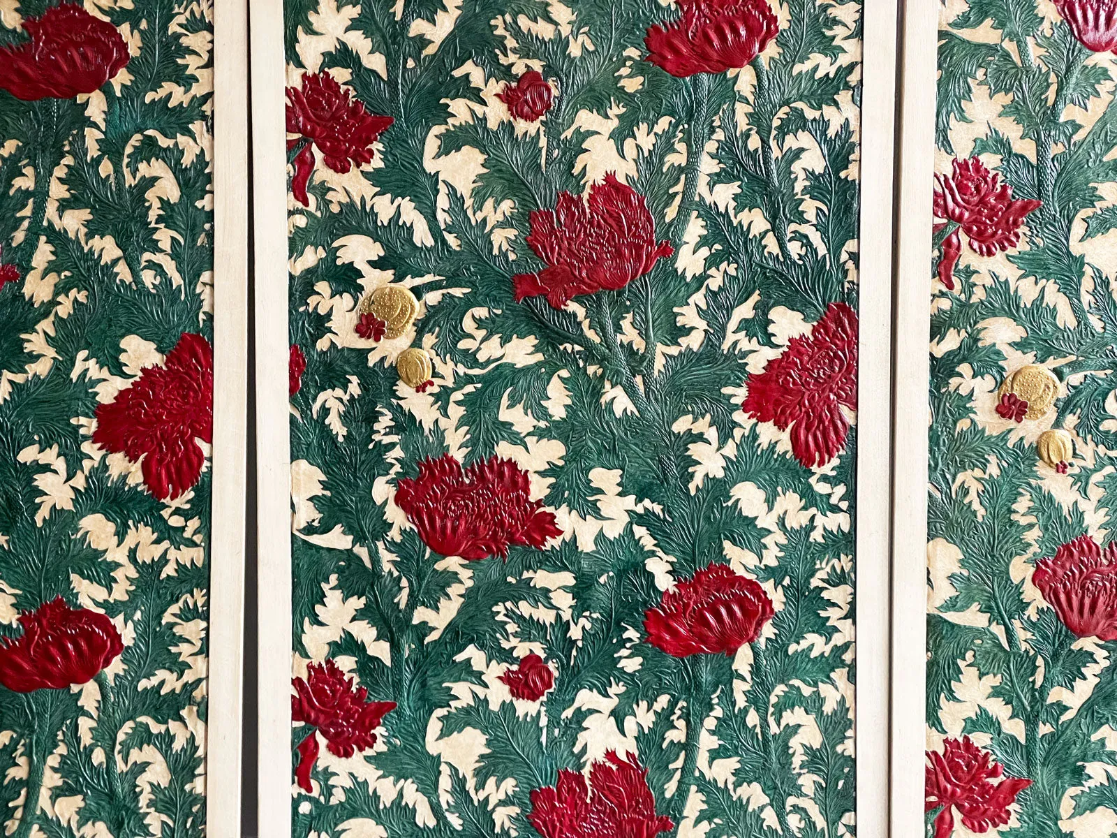 A Rare Set of Three Very Large Embossed Leather Panels in the Manner of William Morris