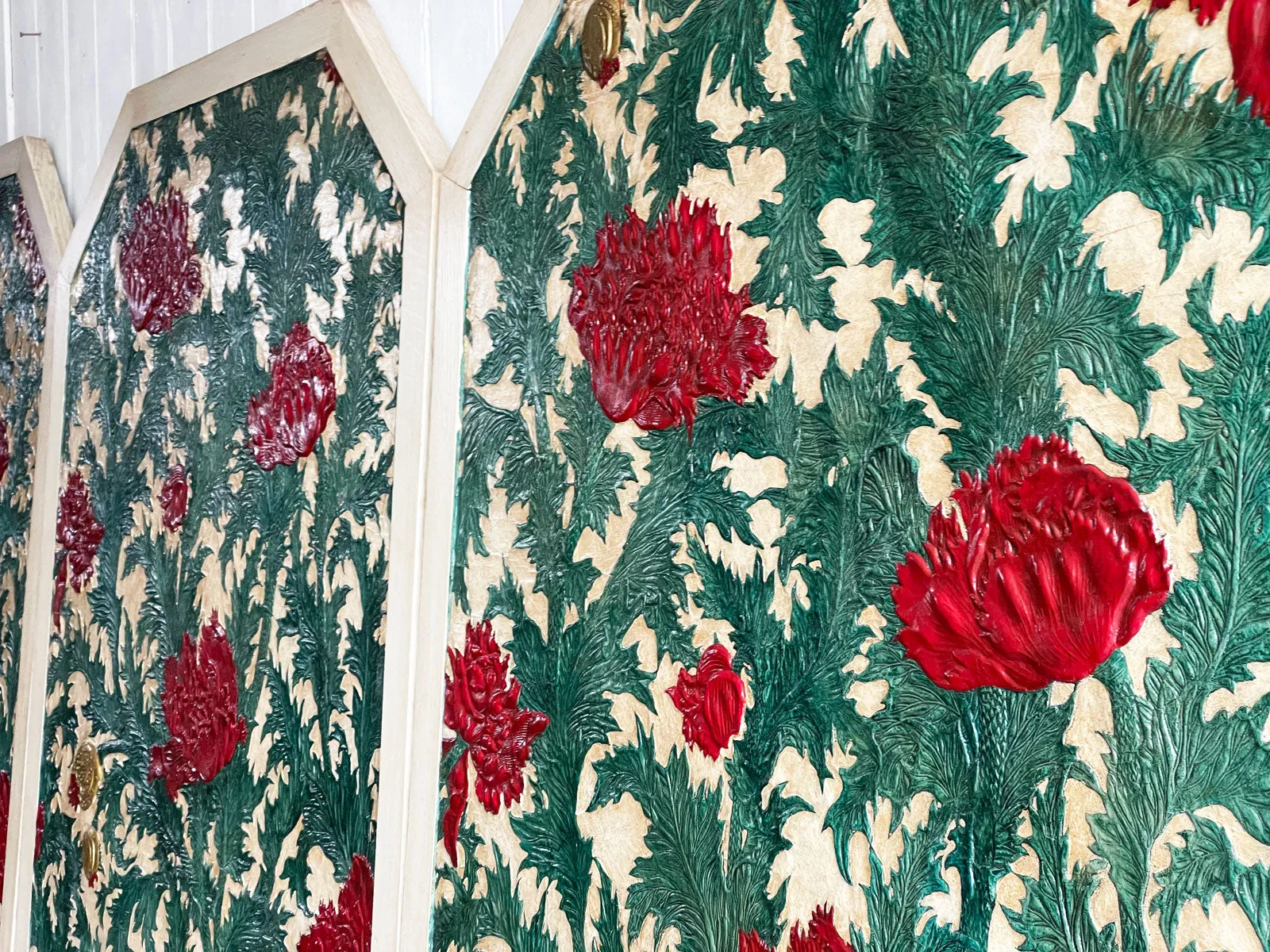 A Rare Set of Three Very Large Embossed Leather Panels in the Manner of William Morris