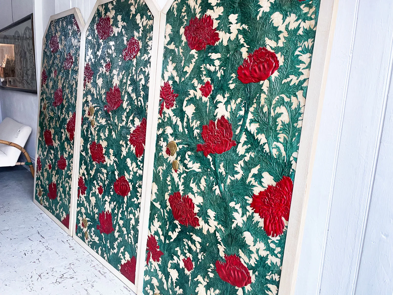 A Rare Set of Three Very Large Embossed Leather Panels in the Manner of William Morris