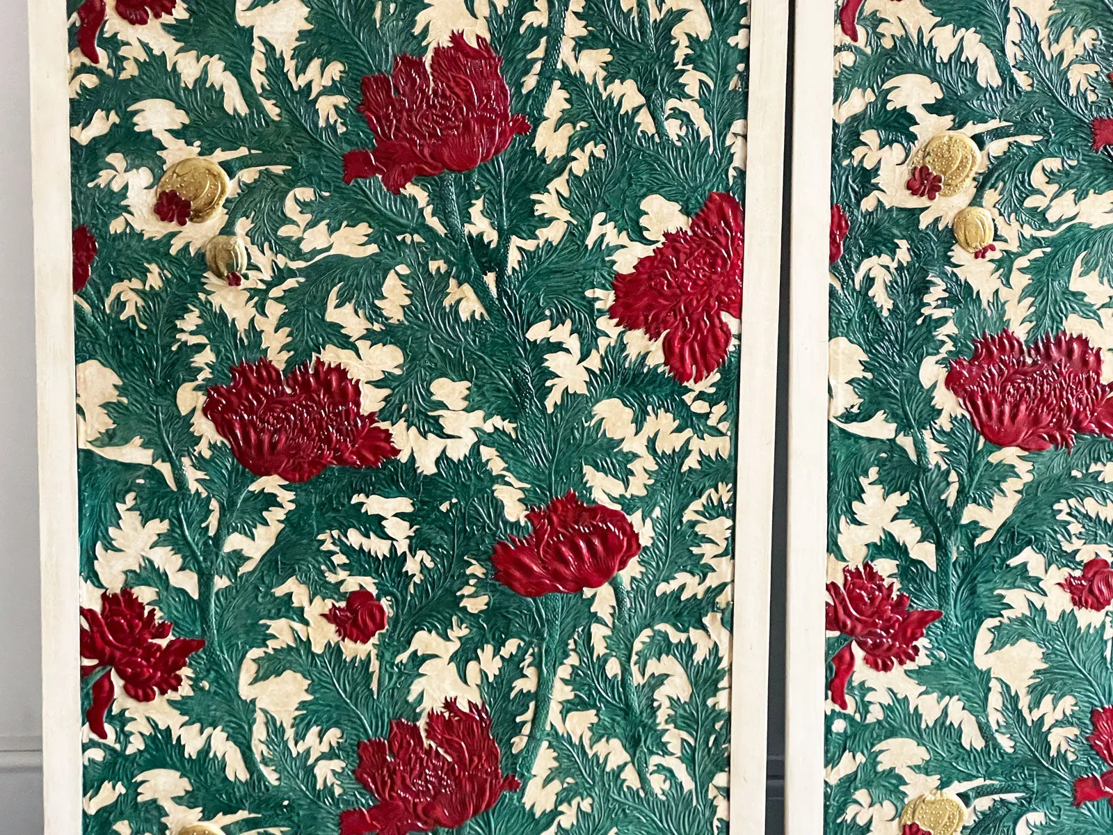 A Rare Set of Three Very Large Embossed Leather Panels in the Manner of William Morris