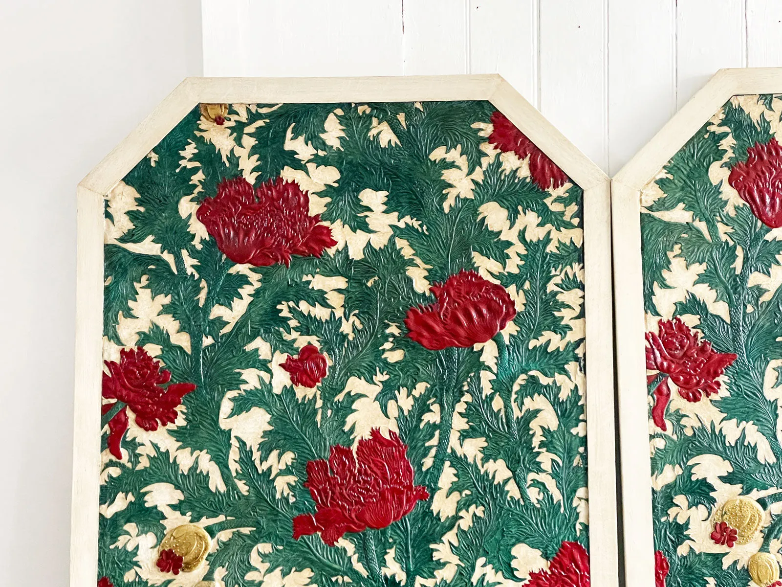 A Rare Set of Three Very Large Embossed Leather Panels in the Manner of William Morris