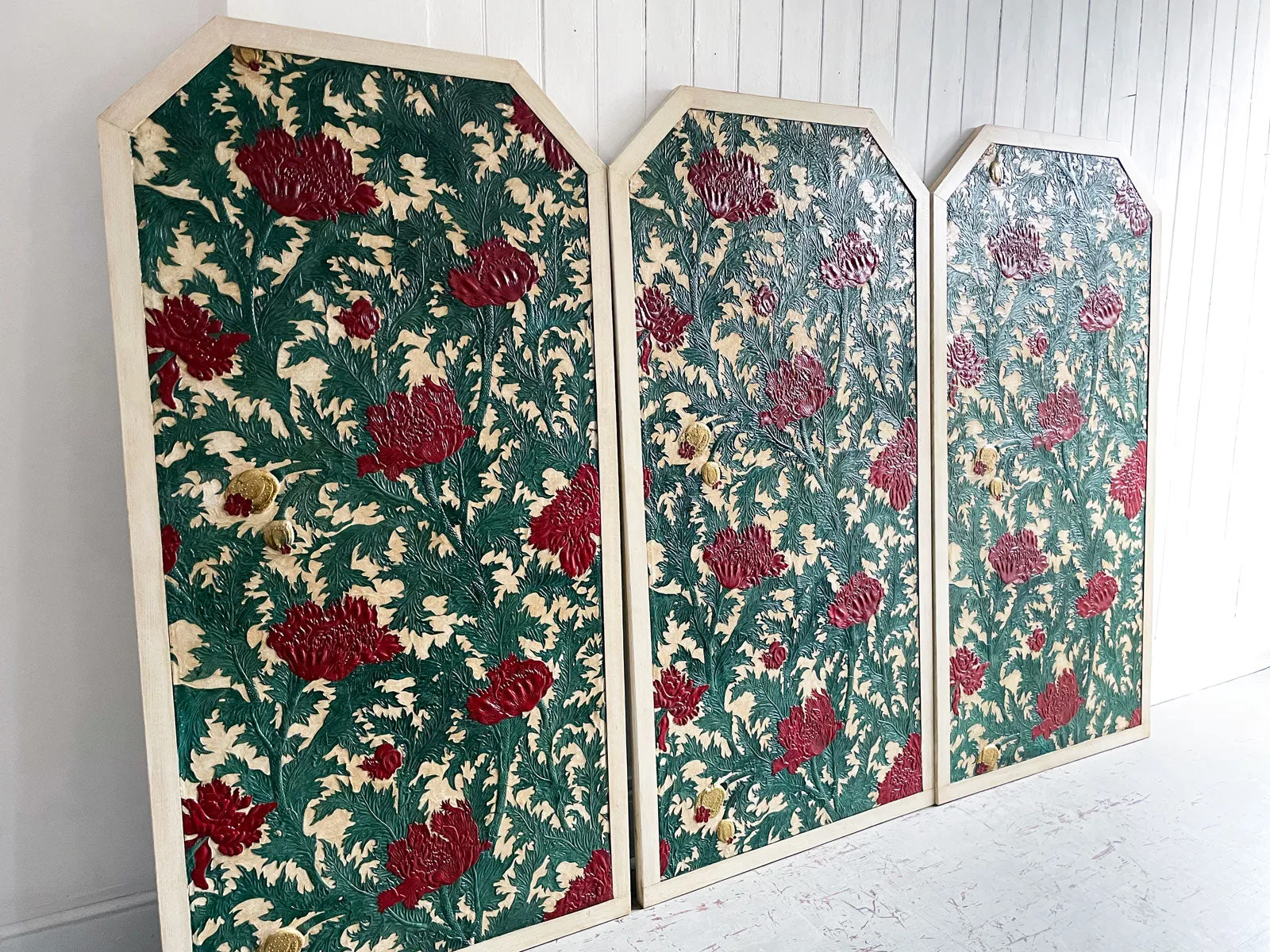 A Rare Set of Three Very Large Embossed Leather Panels in the Manner of William Morris