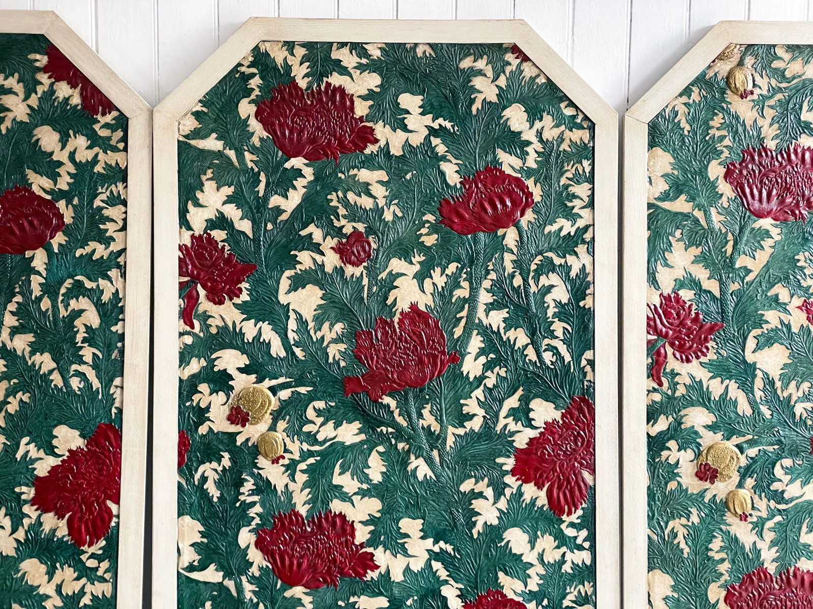 A Rare Set of Three Very Large Embossed Leather Panels in the Manner of William Morris