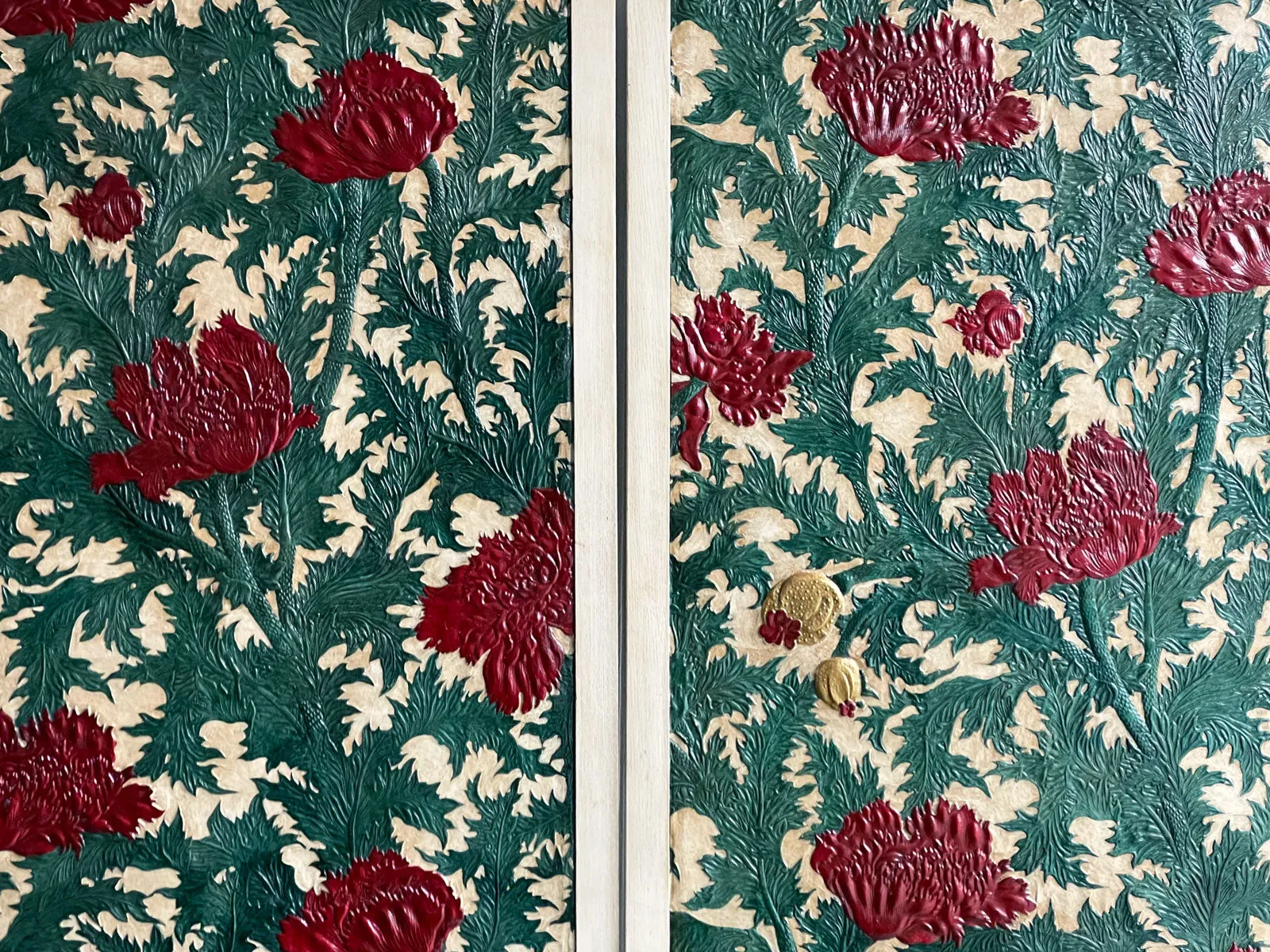 A Rare Set of Three Very Large Embossed Leather Panels in the Manner of William Morris