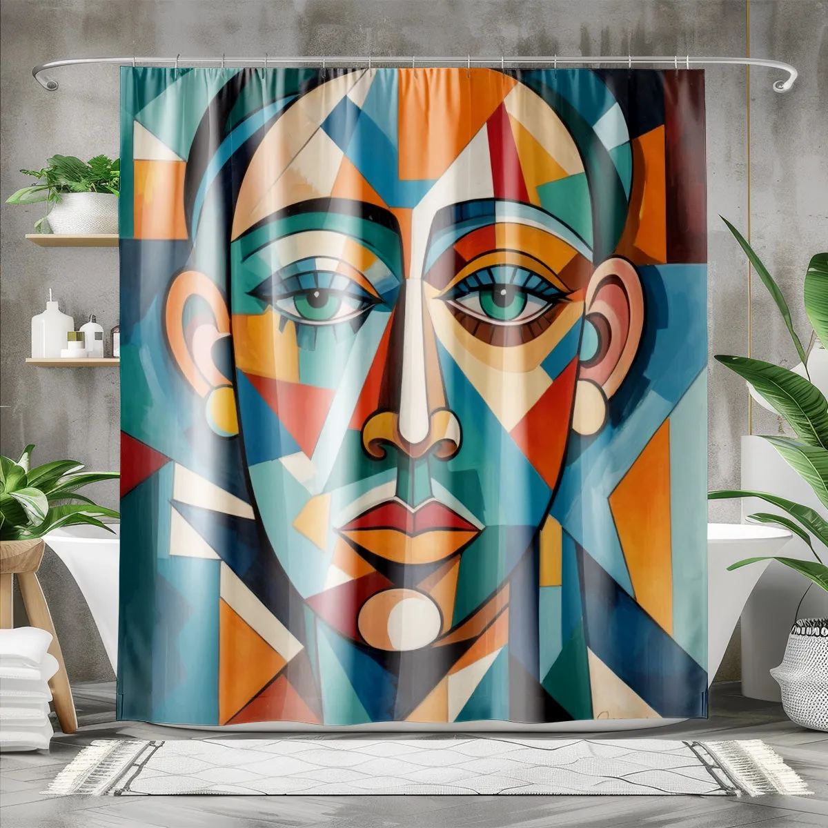 Abstract Cubism Woman Shower Curtain | Lightweight 100% Polyester, Water and Mildew Resistant, Multiple sizes with Hooks