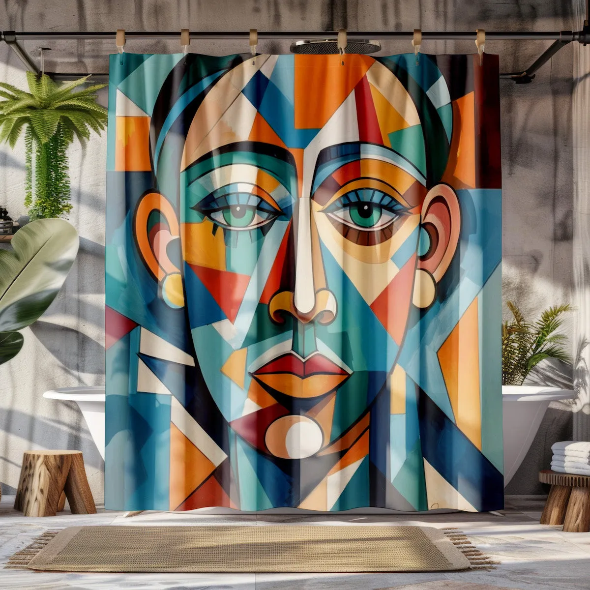 Abstract Cubism Woman Shower Curtain | Lightweight 100% Polyester, Water and Mildew Resistant, Multiple sizes with Hooks