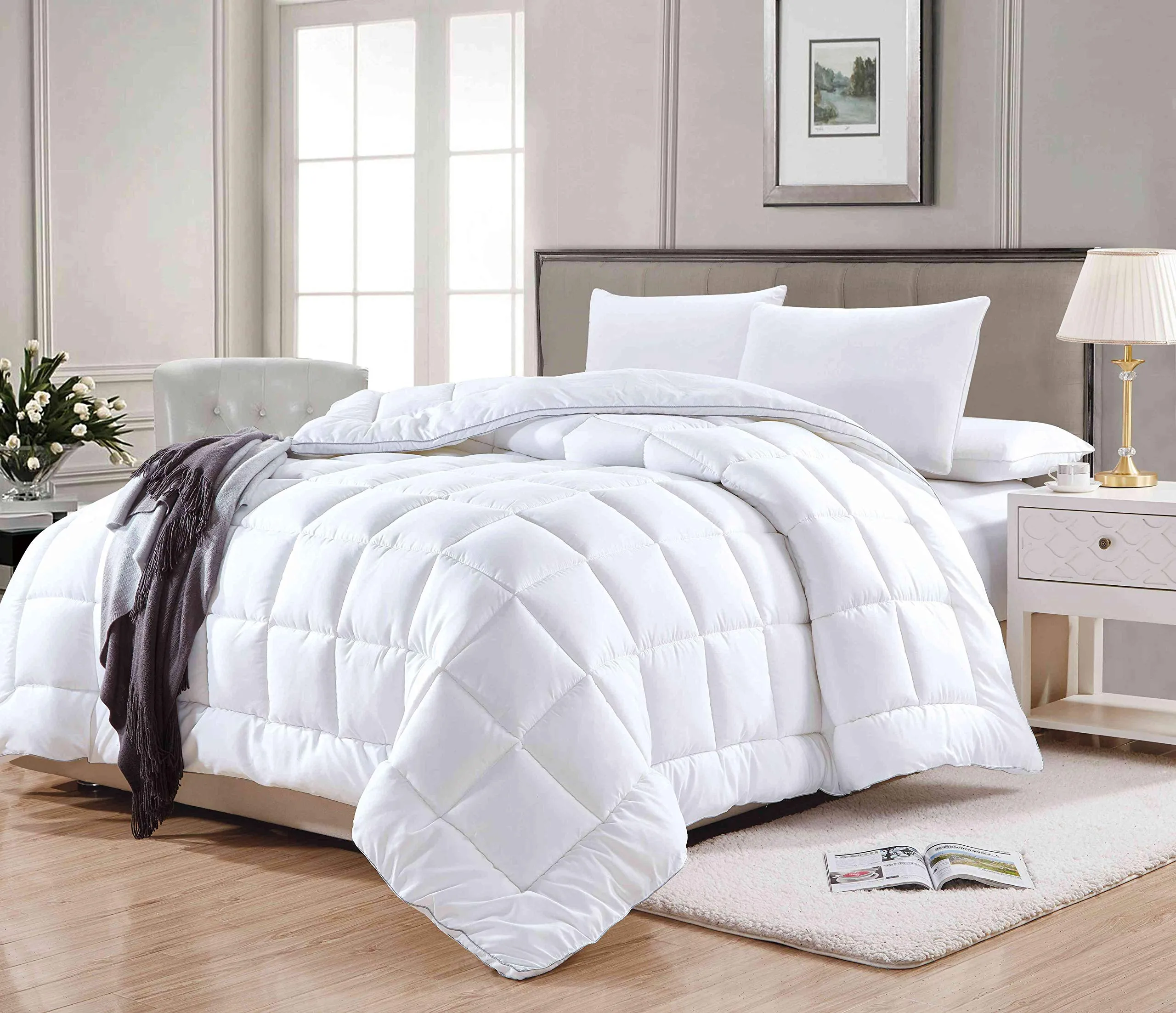 All American Collection Soft Plush Micro-Gel Polyester Fill Warmth Down Bedroom Comforter Box Stitch with Grey Gusset Edge