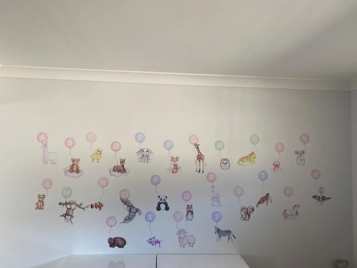 Animal Alphabet Australian Design Hand Painted Peel & Stick, Removable Wall Decal. Nursery, Kids Playroom, Kids Teens Bedroom