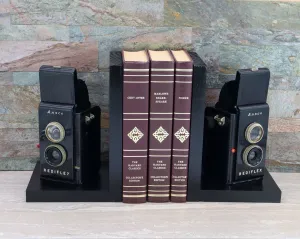 Antique Decorative Wood Camera Bookends, Vintage Ansco Rediflex Cameras, DVD Holder, Movie Room Decor, Photographer gift