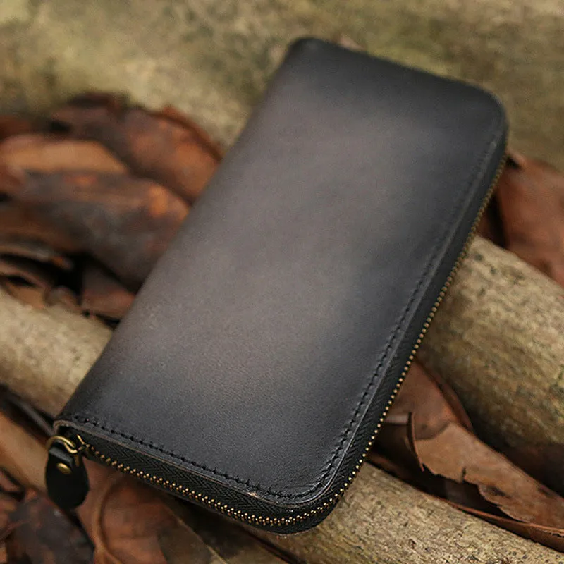 Around Zip Leather Long Wallet Mens Minimalist Zipper Clutch Wallet for Men