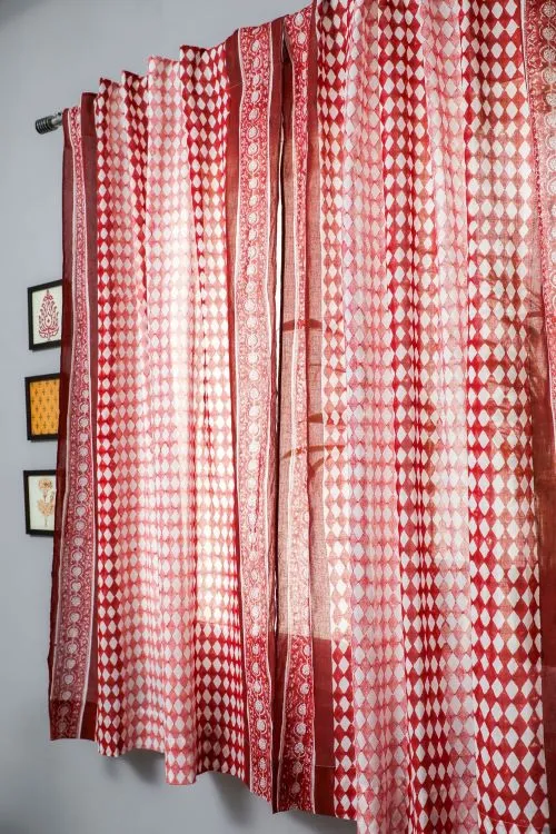 Artistic Red Illusions Hand Block Printed Window Curtain