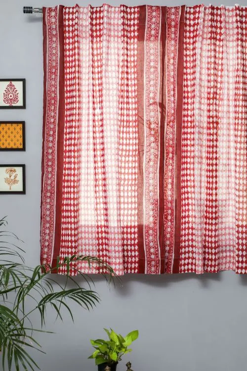 Artistic Red Illusions Hand Block Printed Window Curtain