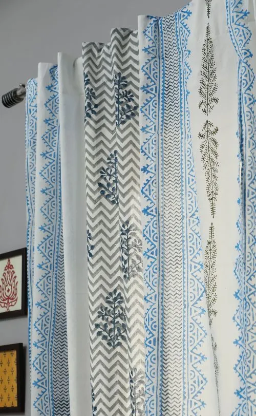 Bering Blue Hand Block Printed Window Curtain