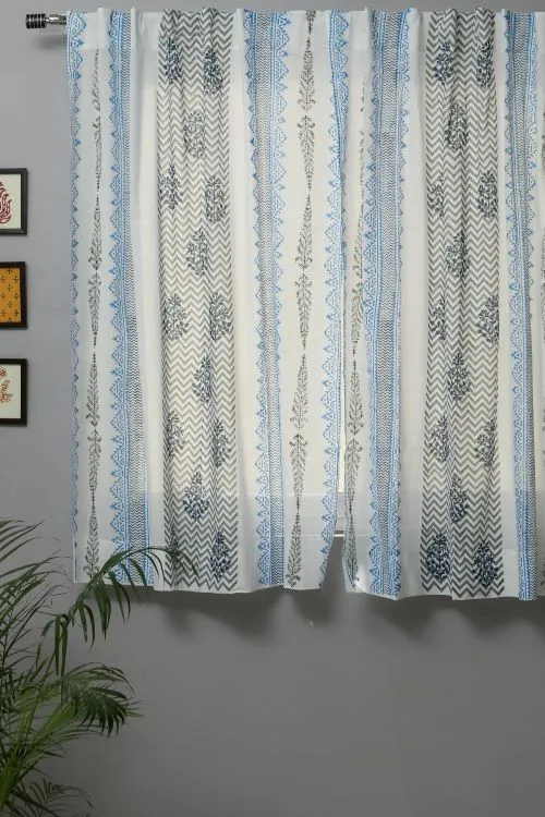 Bering Blue Hand Block Printed Window Curtain