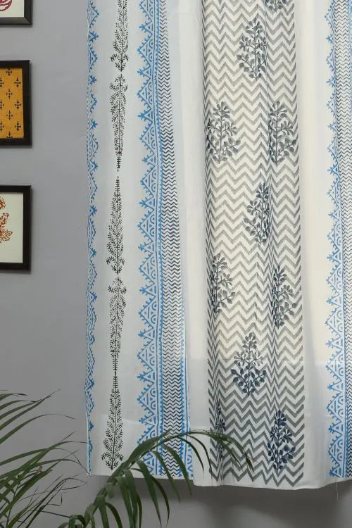 Bering Blue Hand Block Printed Window Curtain