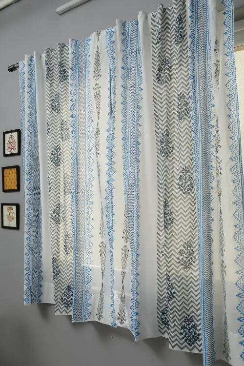 Bering Blue Hand Block Printed Window Curtain