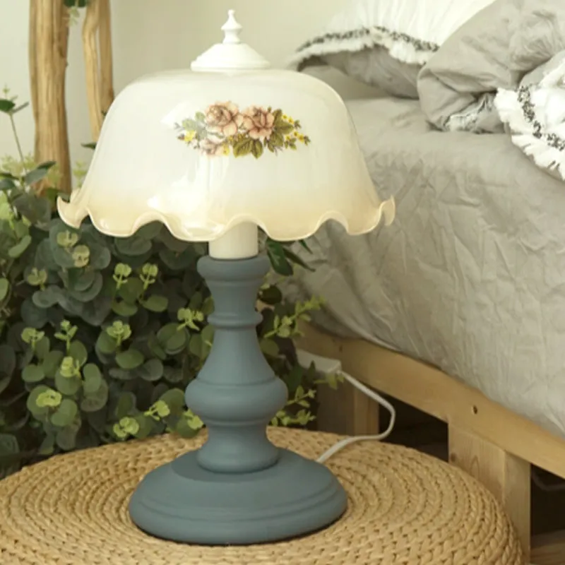 Blue Floral Nightstand Lamp with Opal Glass Dome and Baluster Base - Minimalist Table Lighting