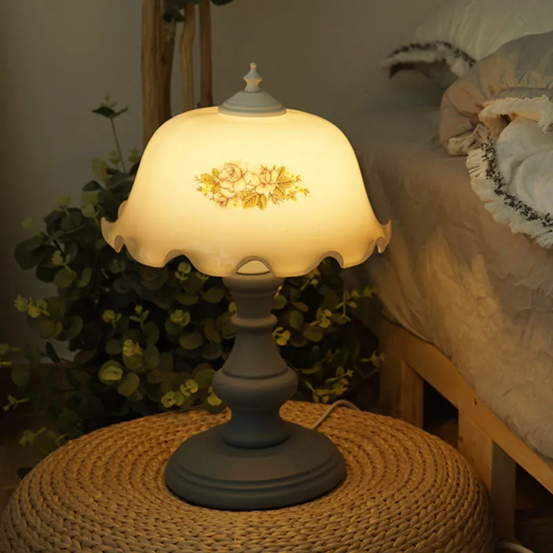 Blue Floral Nightstand Lamp with Opal Glass Dome and Baluster Base - Minimalist Table Lighting