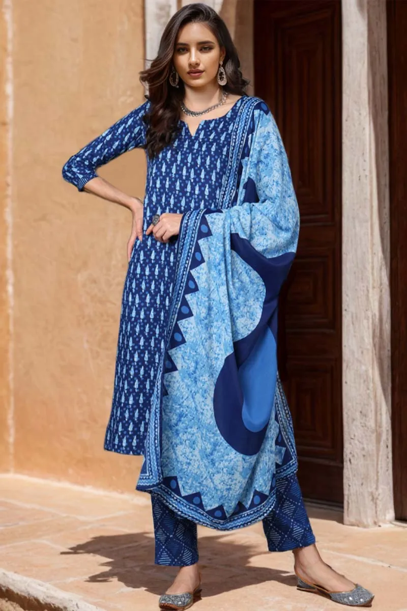 Blue Rayon Blend Ethnic Motifs Printed Straight Suit Set