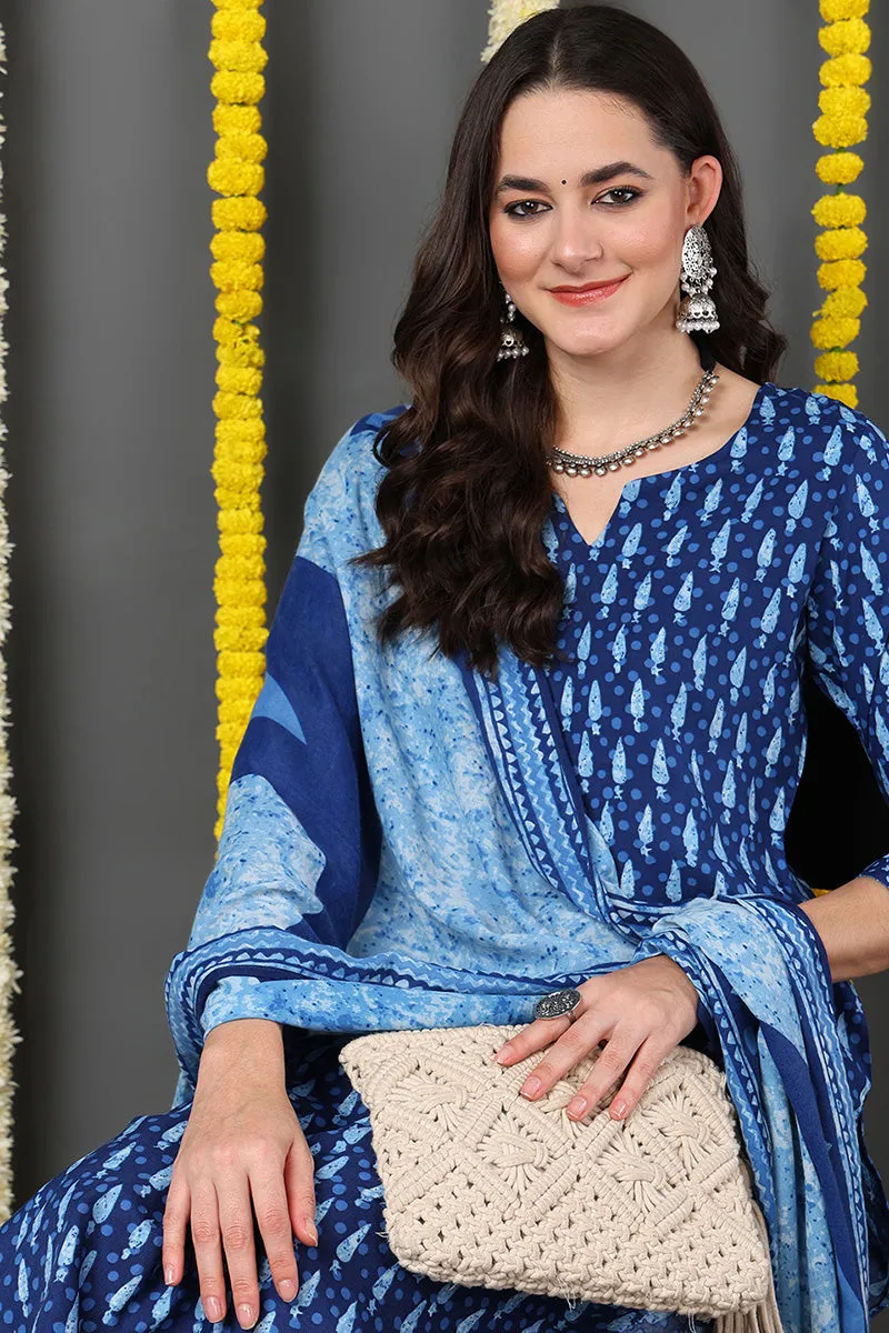 Blue Rayon Blend Ethnic Motifs Printed Straight Suit Set