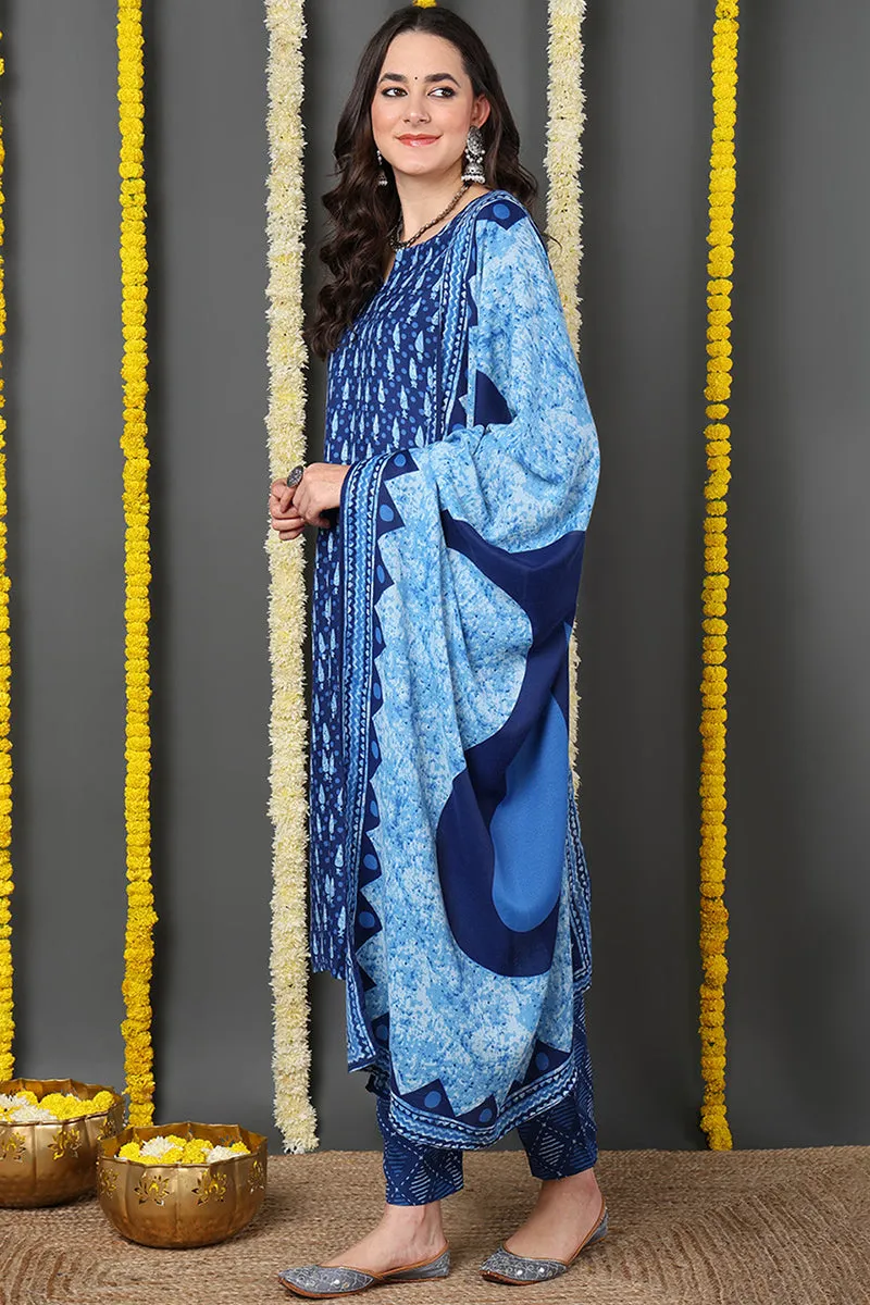 Blue Rayon Blend Ethnic Motifs Printed Straight Suit Set