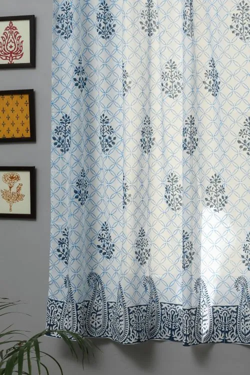 Cabbean Blue Hand Block Printed Window Curtain