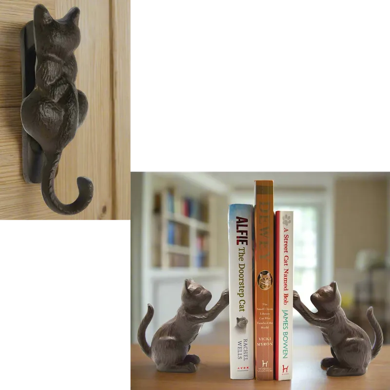 Cast Iron Cat Book Ends and Cast Iron Door Knocker - Gift Set