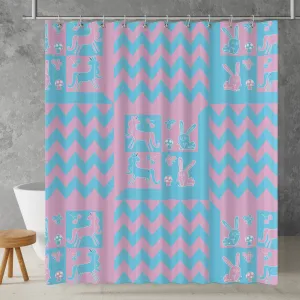 Checkered Blue Pink Shower curtain. Unicorn Rabbit Neon Punk, Vibrant Geometric Colorful Kids bathroom, Machine Washable, Polyester, Water and Mildew Resistant, Multiple sizes with Hooks