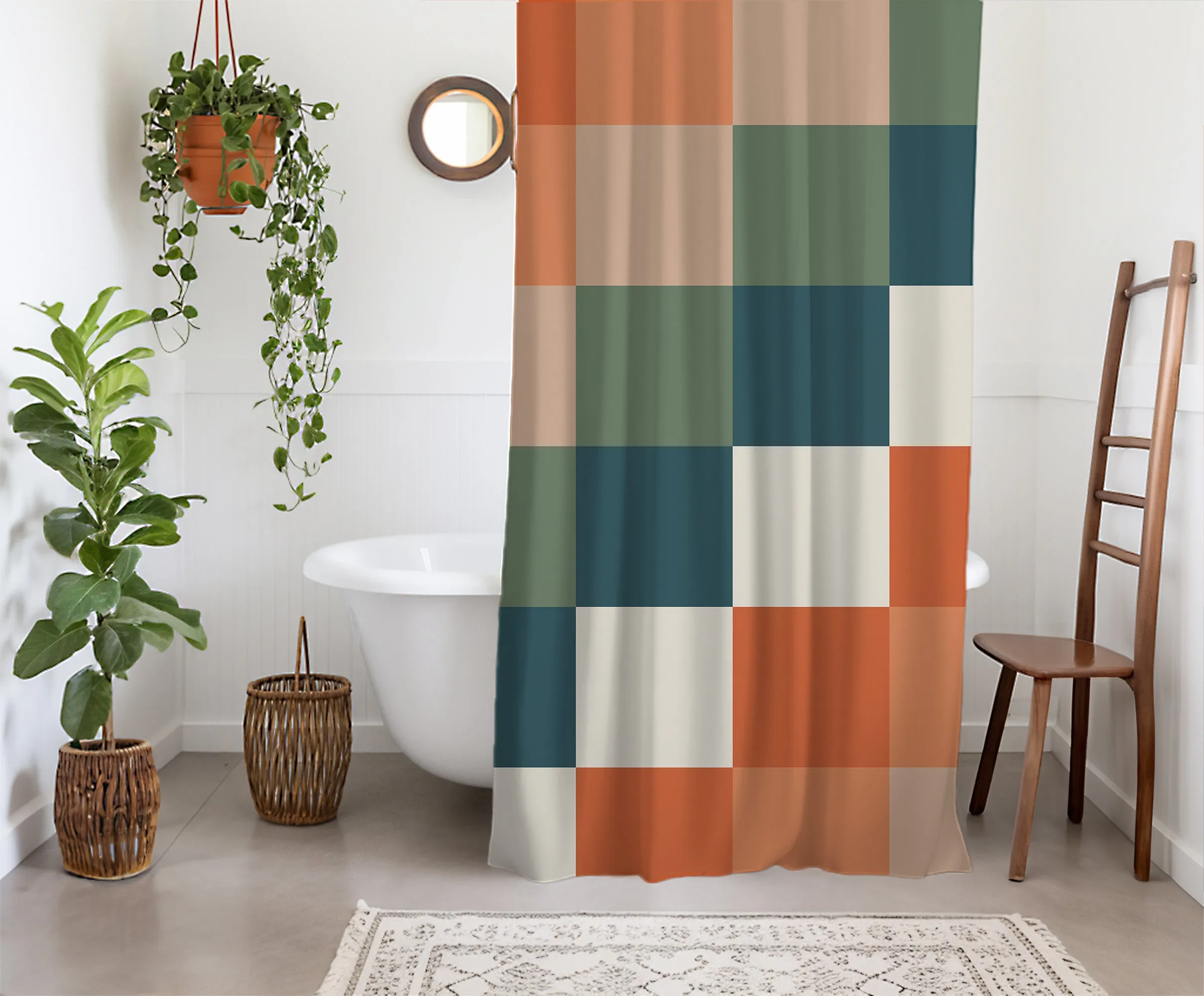 Checkered Sage Green Orange Beige Shower curtain. Boho Aesthetic, Vibrant Geometric Colorful bathroom, Machine Washable, Polyester, Water and Mildew Resistant, Multiple sizes with Hooks