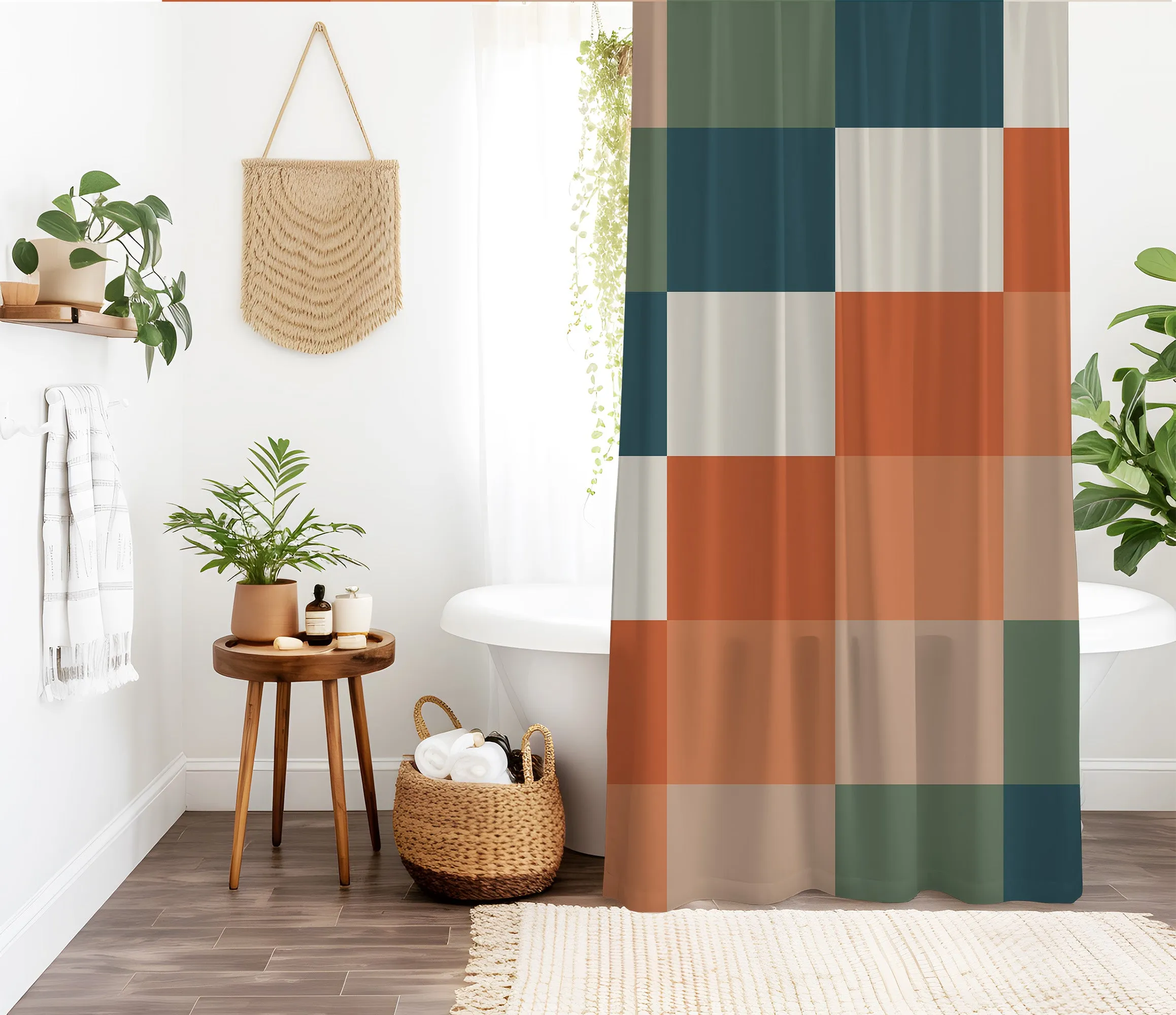 Checkered Sage Green Orange Beige Shower curtain. Boho Aesthetic, Vibrant Geometric Colorful bathroom, Machine Washable, Polyester, Water and Mildew Resistant, Multiple sizes with Hooks