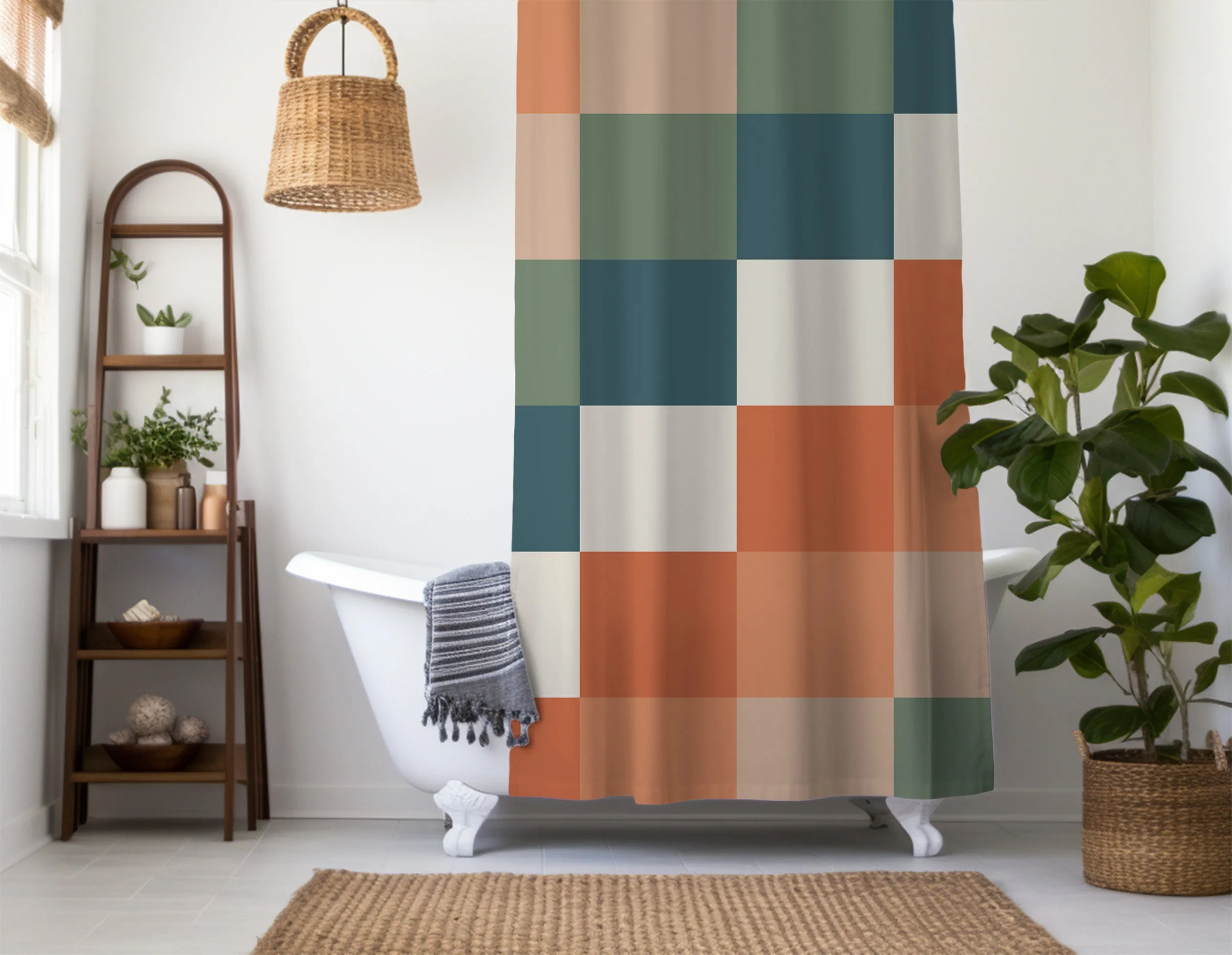 Checkered Sage Green Orange Beige Shower curtain. Boho Aesthetic, Vibrant Geometric Colorful bathroom, Machine Washable, Polyester, Water and Mildew Resistant, Multiple sizes with Hooks