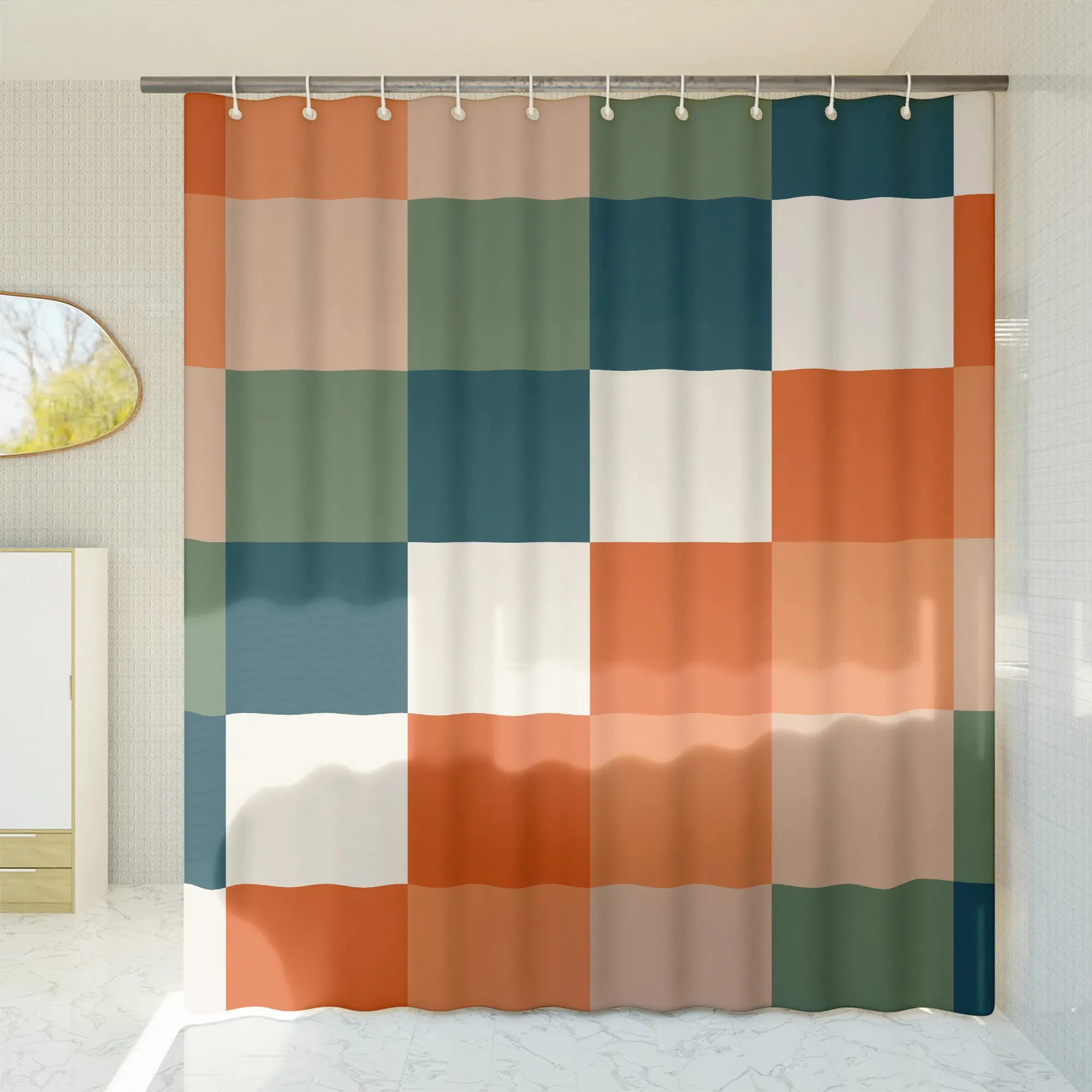 Checkered Sage Green Orange Beige Shower curtain. Boho Aesthetic, Vibrant Geometric Colorful bathroom, Machine Washable, Polyester, Water and Mildew Resistant, Multiple sizes with Hooks