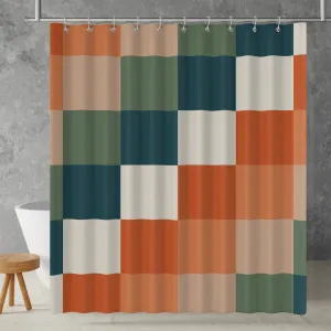 Checkered Sage Green Orange Beige Shower curtain. Boho Aesthetic, Vibrant Geometric Colorful bathroom, Machine Washable, Polyester, Water and Mildew Resistant, Multiple sizes with Hooks