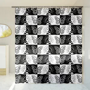 Checkered Shower Curtain: Goth Boho Geometric Black & White Minimalist Vintage Aesthetic, Machine Washable, Lightweight Polyester, Water & Mildew Resistant, Multiple Sizes with Hooks