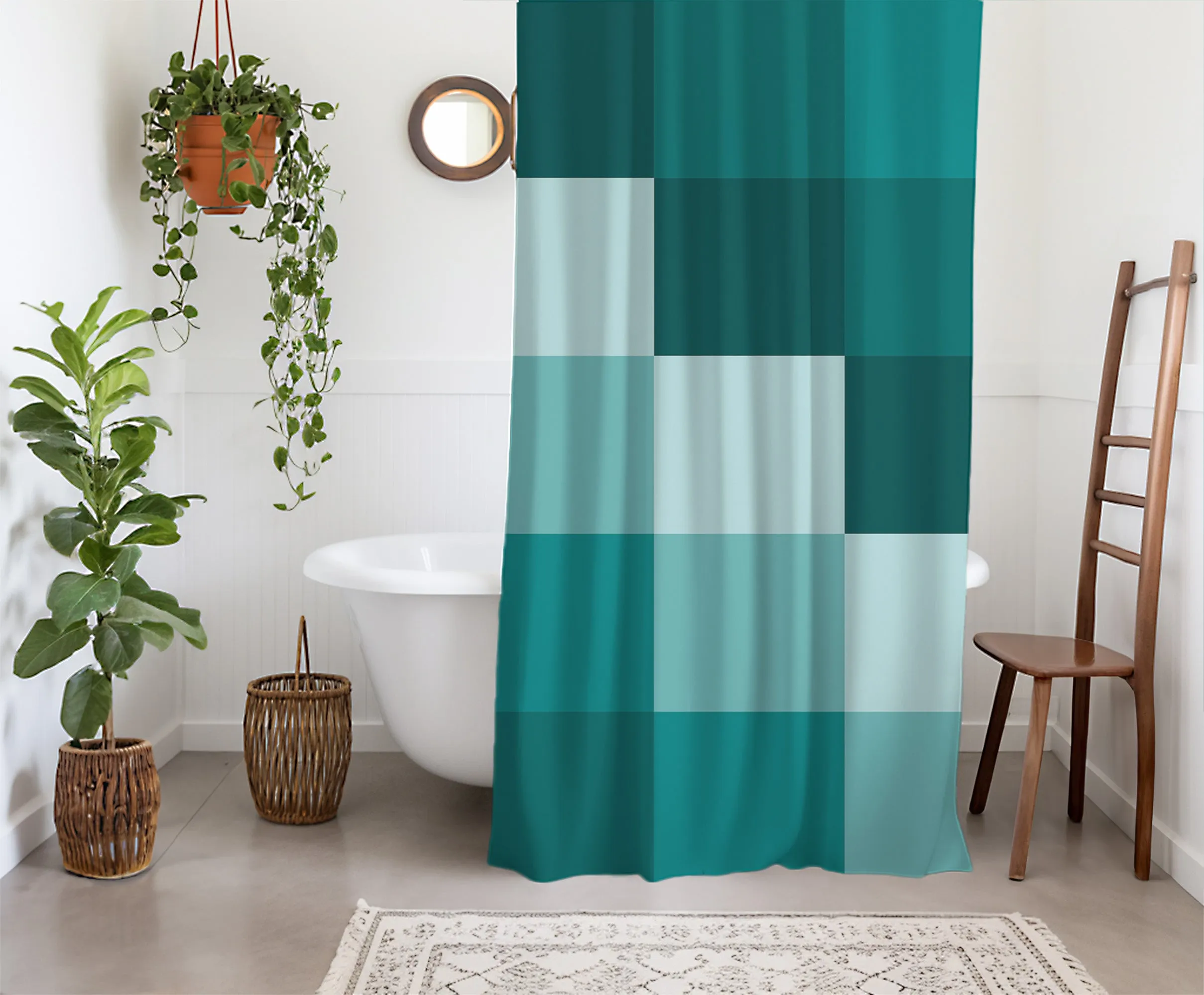 Checkered Shower Curtain: Teal Green Elegant Aesthetic, Geometric Minimalist, Machine Washable Lightweight Polyester, Water & Mildew Resistant, Multiple Sizes with Hooks