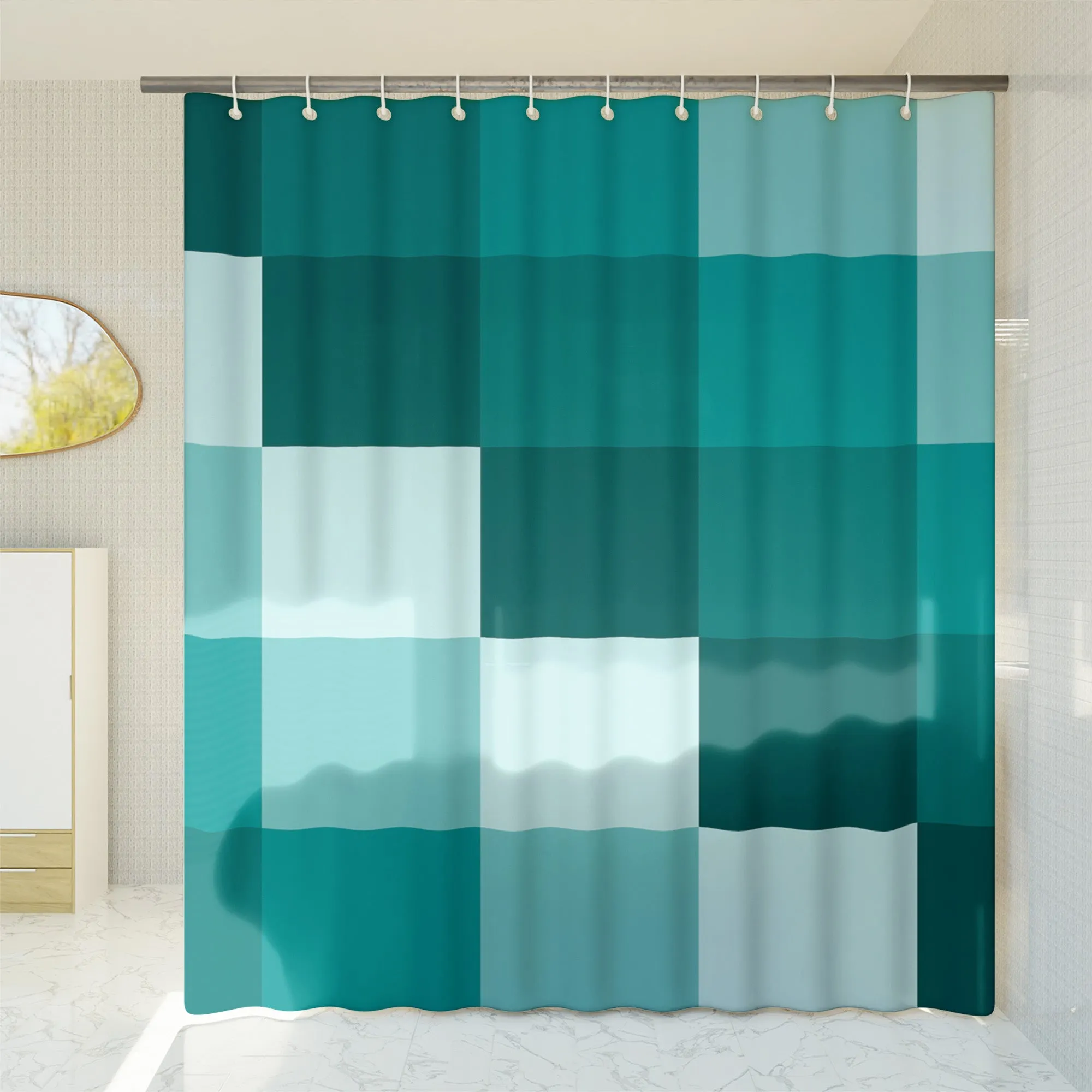 Checkered Shower Curtain: Teal Green Elegant Aesthetic, Geometric Minimalist, Machine Washable Lightweight Polyester, Water & Mildew Resistant, Multiple Sizes with Hooks