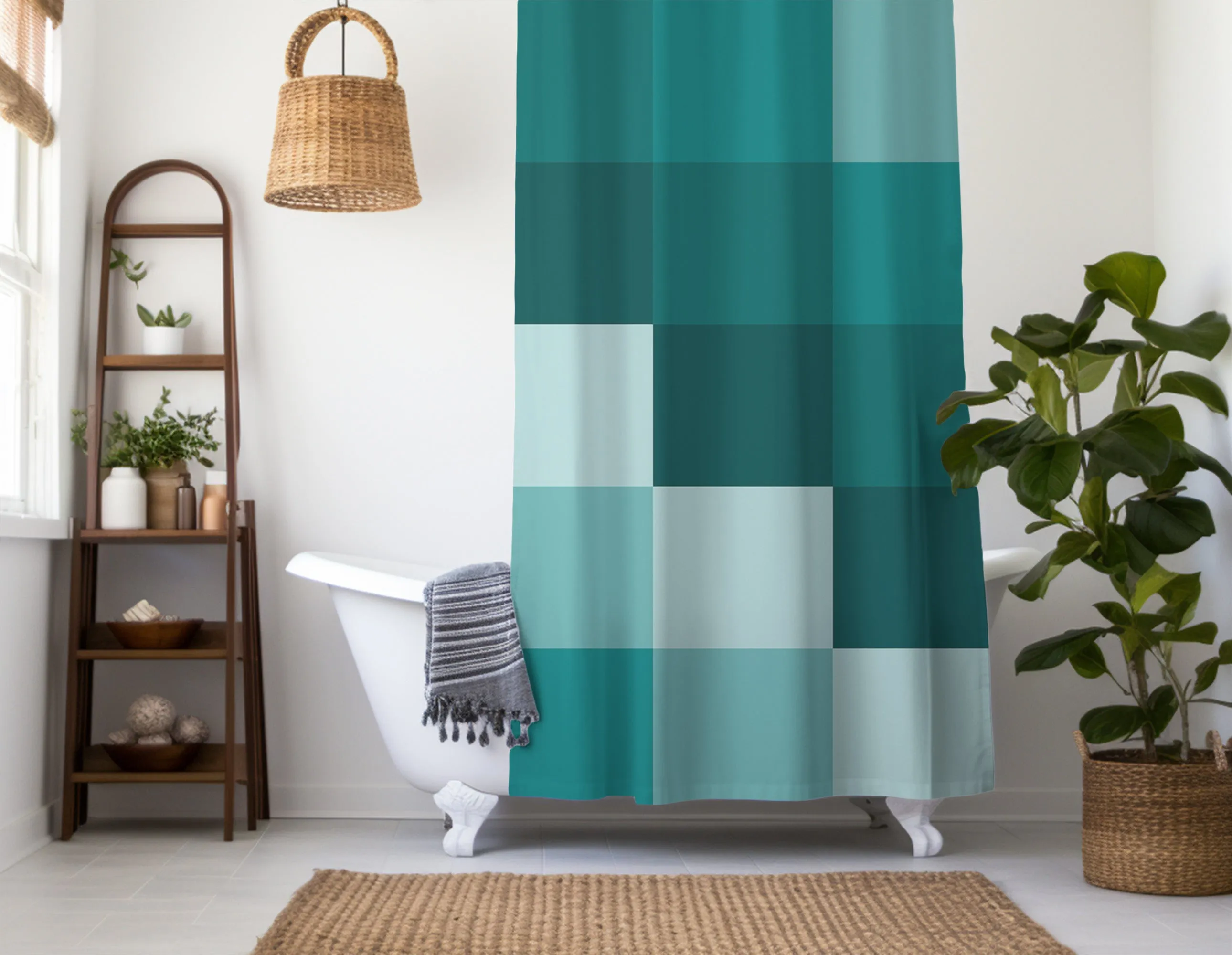 Checkered Shower Curtain: Teal Green Elegant Aesthetic, Geometric Minimalist, Machine Washable Lightweight Polyester, Water & Mildew Resistant, Multiple Sizes with Hooks