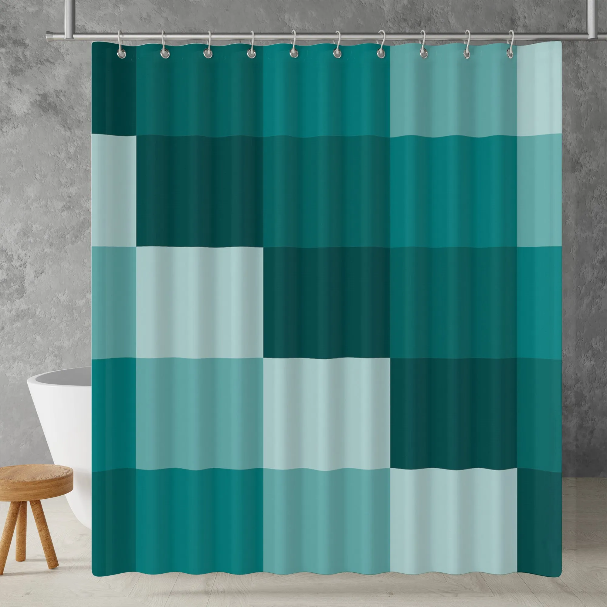 Checkered Shower Curtain: Teal Green Elegant Aesthetic, Geometric Minimalist, Machine Washable Lightweight Polyester, Water & Mildew Resistant, Multiple Sizes with Hooks