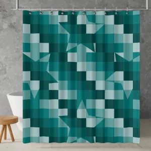 Checkered Shower Curtain: Teal Green Elegant Aesthetic, Geometric Stars Minimalist, Machine Washable Lightweight Polyester, Water & Mildew Resistant, Multiple Sizes with Hooks