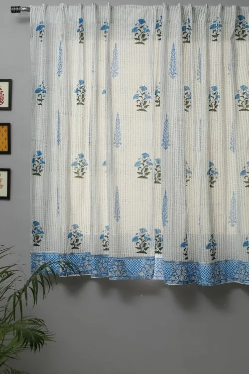 Coral Blue Hand Block Printed Window Curtain