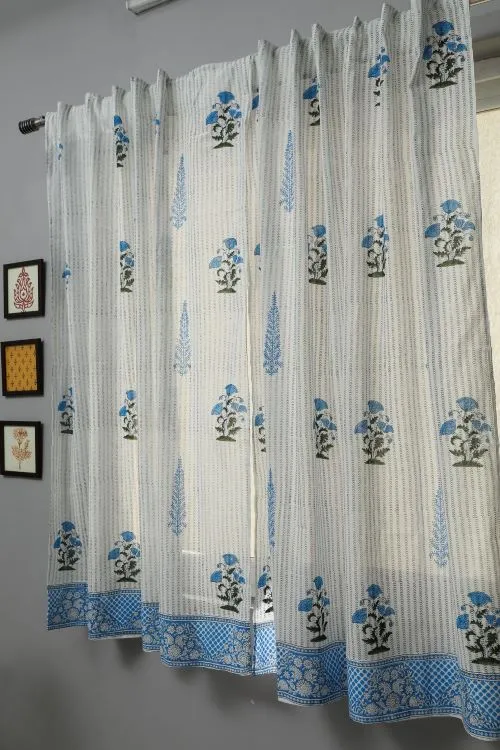 Coral Blue Hand Block Printed Window Curtain