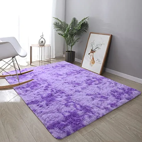 DweIke Super Soft Shaggy Rugs Fluffy Carpets, Tie-Dye Rugs for Living Room Bedroom Girls Kids Room Nursery Home Decor,Non-Slip Machine Washable Carpet,4x6 Feet Purple