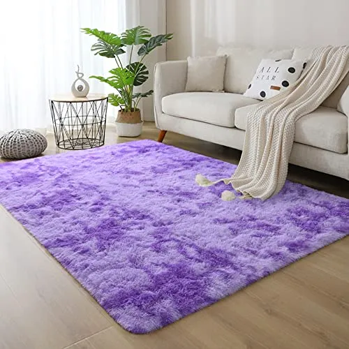 DweIke Super Soft Shaggy Rugs Fluffy Carpets, Tie-Dye Rugs for Living Room Bedroom Girls Kids Room Nursery Home Decor,Non-Slip Machine Washable Carpet,4x6 Feet Purple