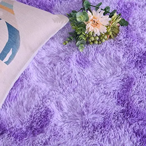 DweIke Super Soft Shaggy Rugs Fluffy Carpets, Tie-Dye Rugs for Living Room Bedroom Girls Kids Room Nursery Home Decor,Non-Slip Machine Washable Carpet,4x6 Feet Purple