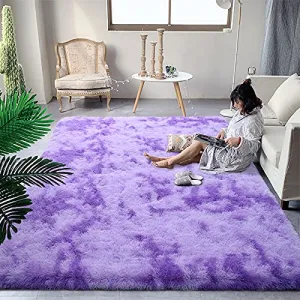 DweIke Super Soft Shaggy Rugs Fluffy Carpets, Tie-Dye Rugs for Living Room Bedroom Girls Kids Room Nursery Home Decor,Non-Slip Machine Washable Carpet,4x6 Feet Purple