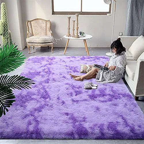 DweIke Super Soft Shaggy Rugs Fluffy Carpets, Tie-Dye Rugs for Living Room Bedroom Girls Kids Room Nursery Home Decor,Non-Slip Machine Washable Carpet,4x6 Feet Purple