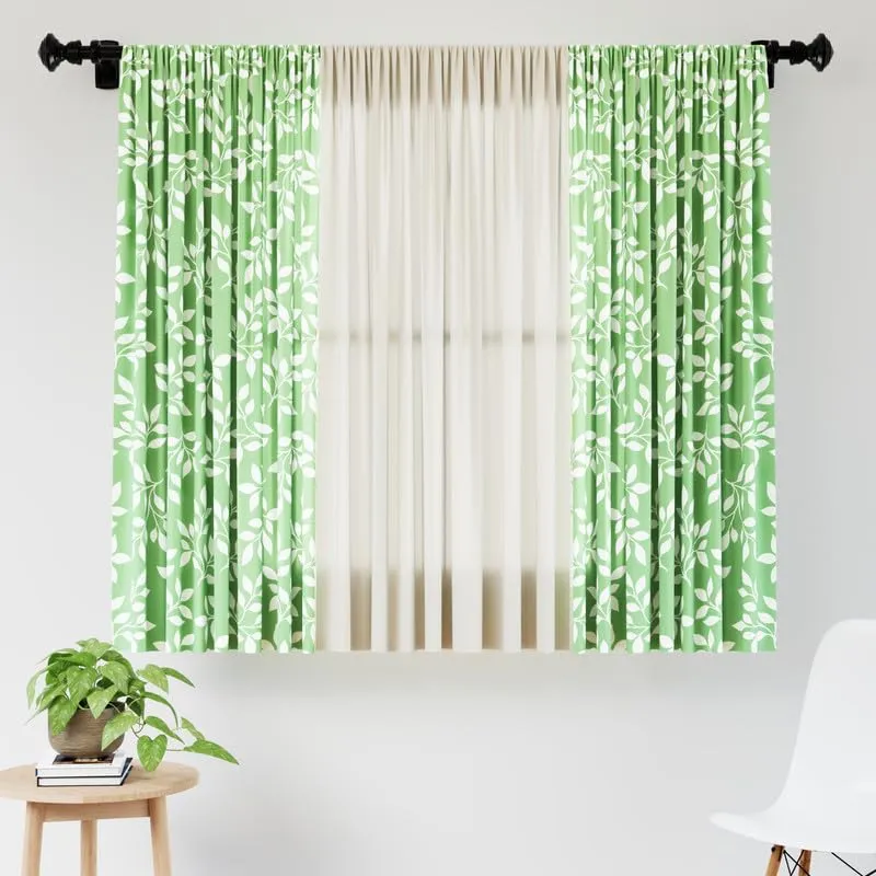 Encasa Homes Printed   Solid Window Curtains with Tie Back (5 ft, Reverse Leafs Green   Cream Combo) Pack of 3