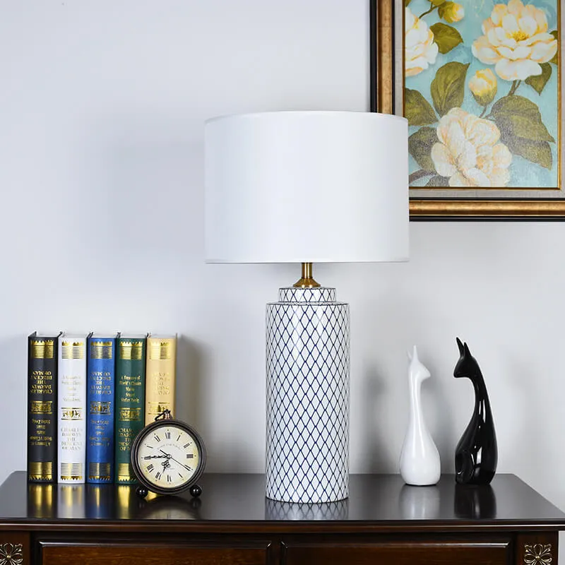 European Minimalist Ceramic Cylinder Fabric Shade 1-Light Table Lamp