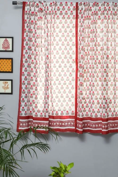 Evergreen Cherry Hand Block Printed Window Curtain